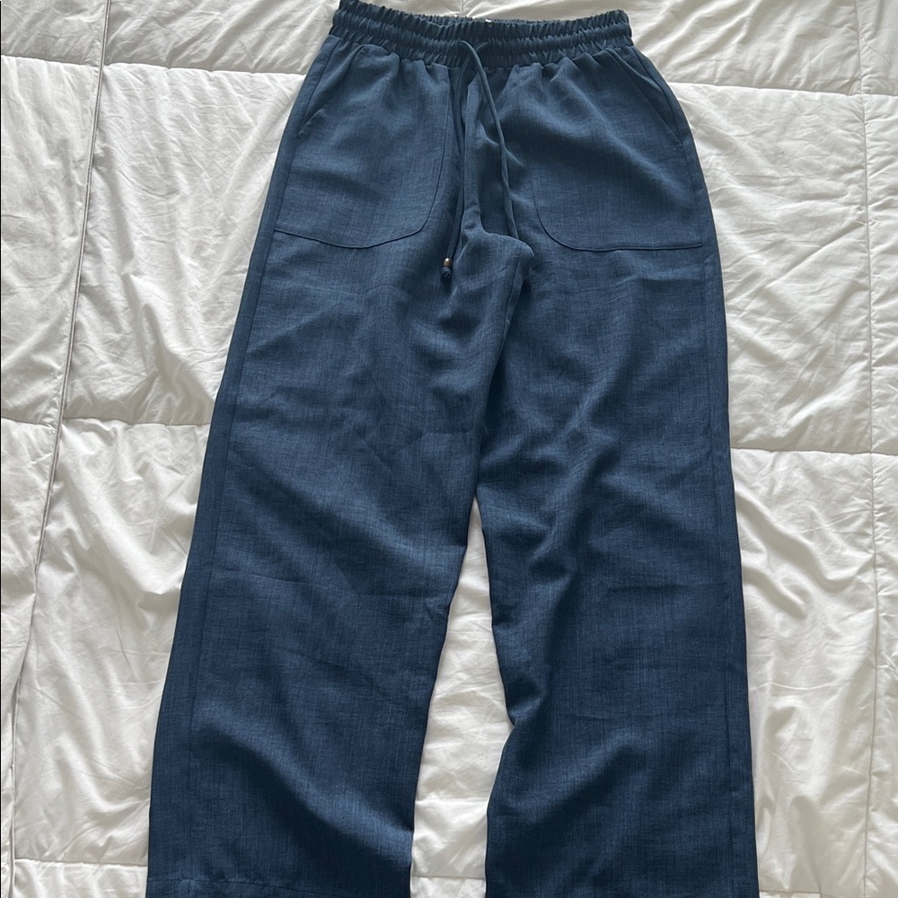 Blue Wide Leg Drawstring Pants - Picture 3 of 3